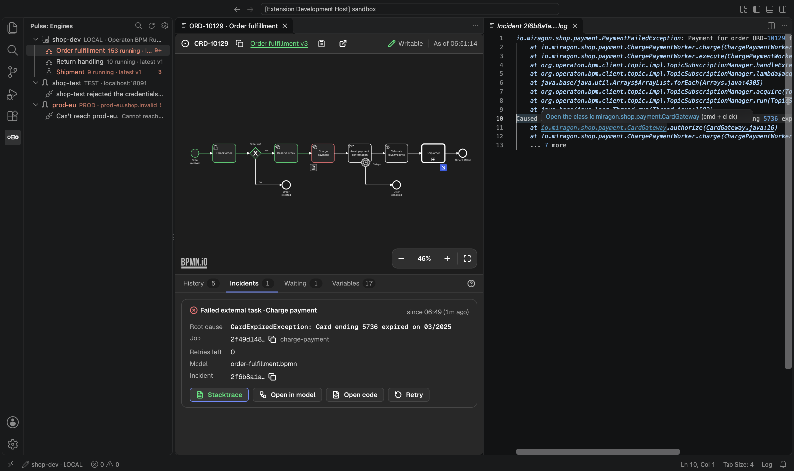 A stack trace with links to the sources