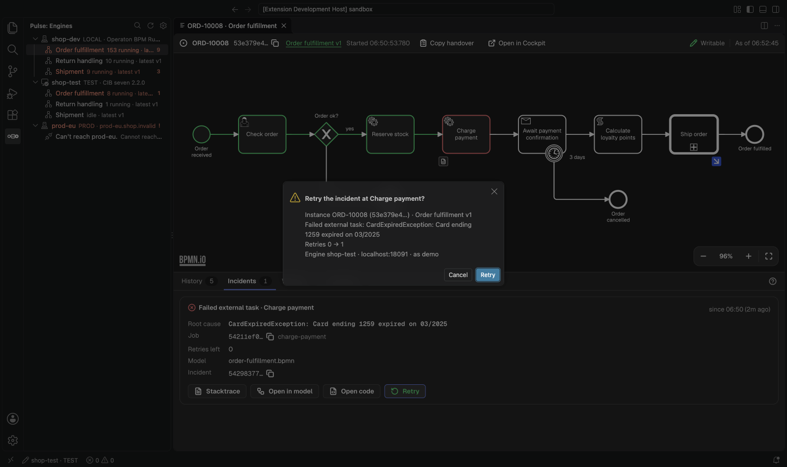 The confirmation names the engine and the target