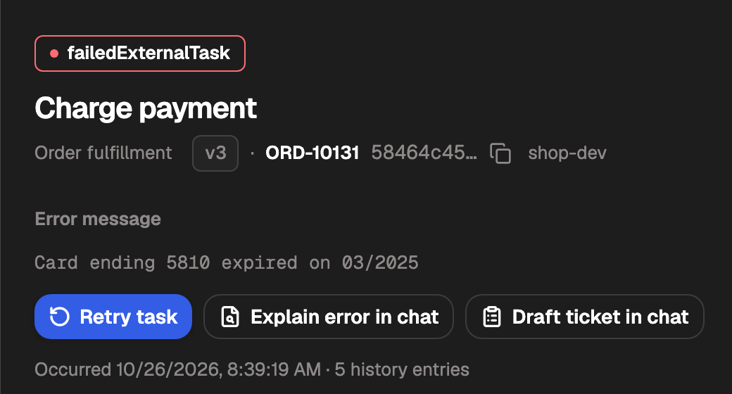 The incident widget: Charge payment failed because the card expired, with a Retry task button