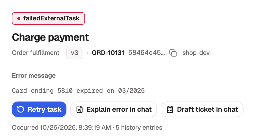 The incident widget: Charge payment failed because the card expired, with a Retry task button